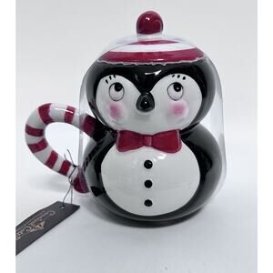 NEW Johanna Parker Penguin Mug W/ Lid Carnival Cottage Retro Christmas Holiday
